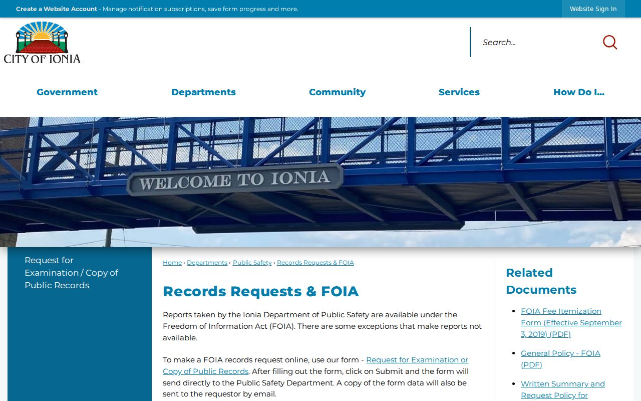 Ionia Department of Public Safety criminal record and FOIA request page