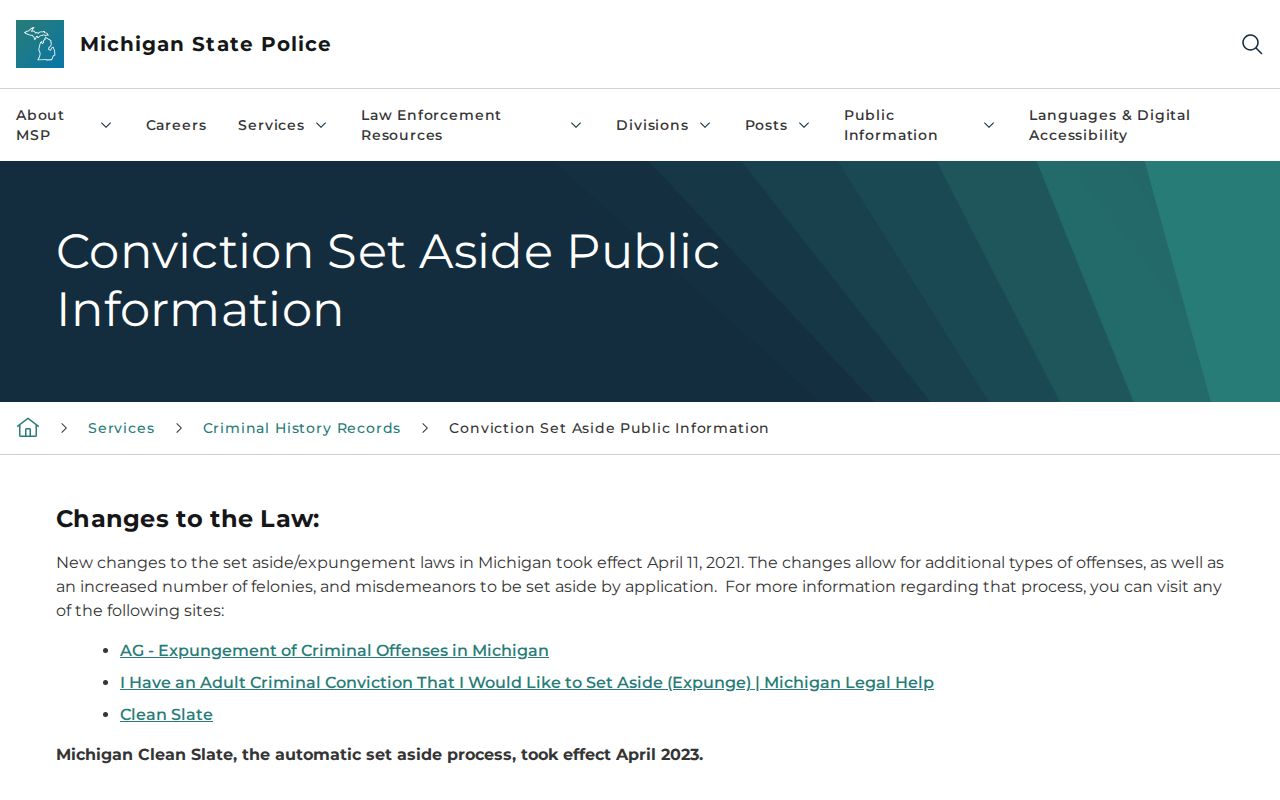Ionia County criminal record set-aside instructions from Michigan State Police